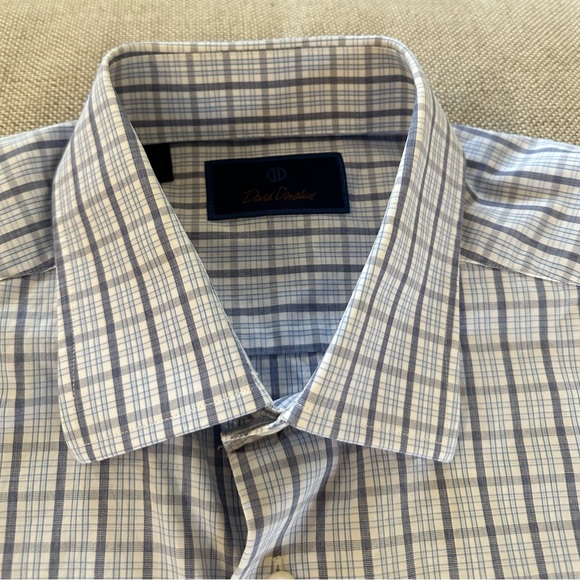 David Donahue Grid Check Print Spread Collar Shirt in Blue 16/33 $155 - Picture 3 of 6